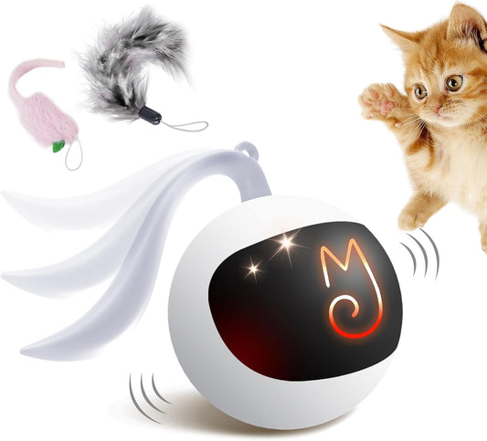 Interactive Cat Ball Toy Set, Fun Tracker, Automatic Moving Chase Ball with Fluffy Tail, a Small Mice, Rechargeable (White)