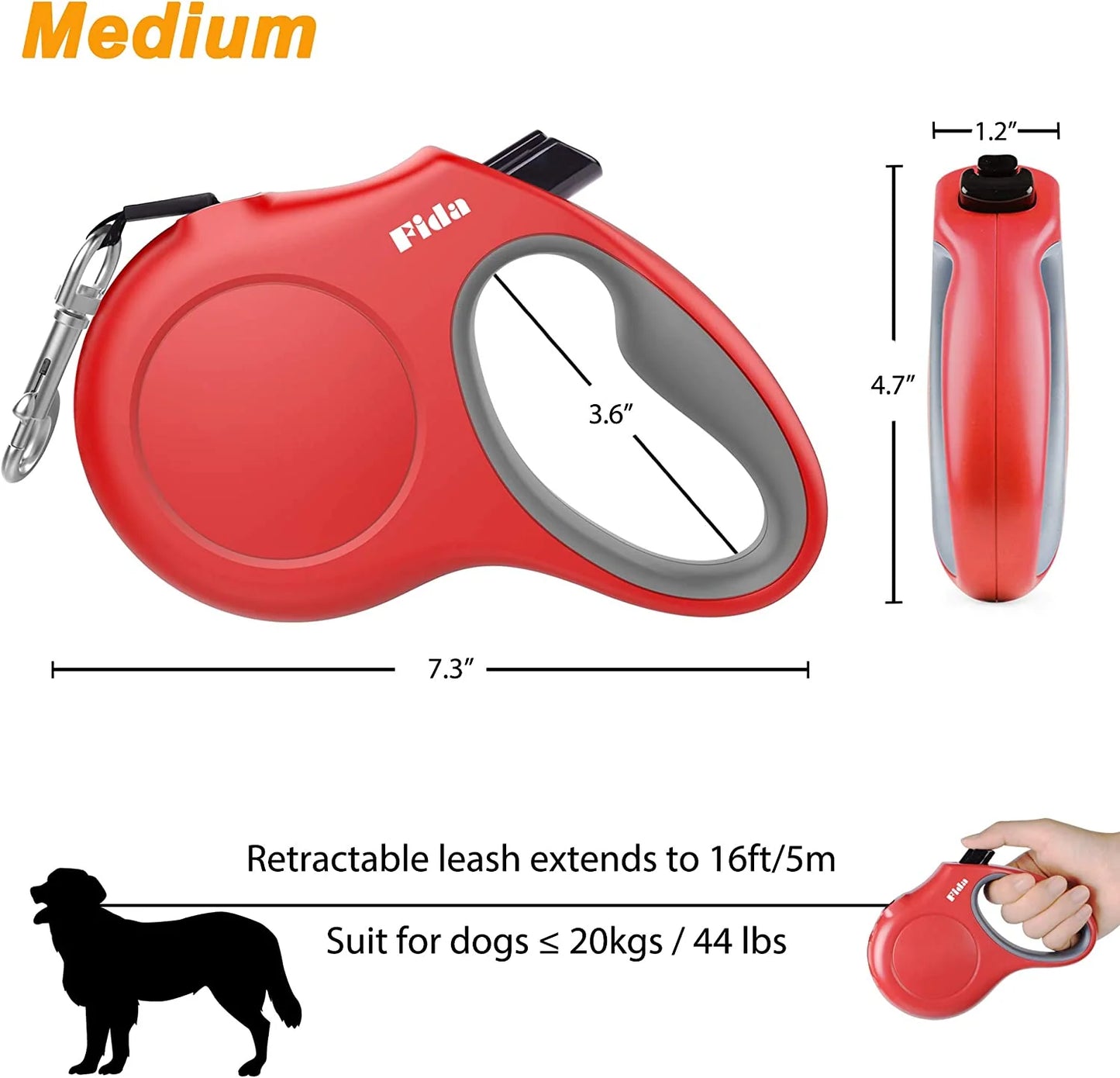 Retractable Dog Leash with Dispenser and Waste Bags, 16 Ft Leash for Medium Dogs or Cats up to 44 lbs, Anti-Slip Handle, Tangle-Free Design, Reflective Nylon Tape (Medium, Red)
