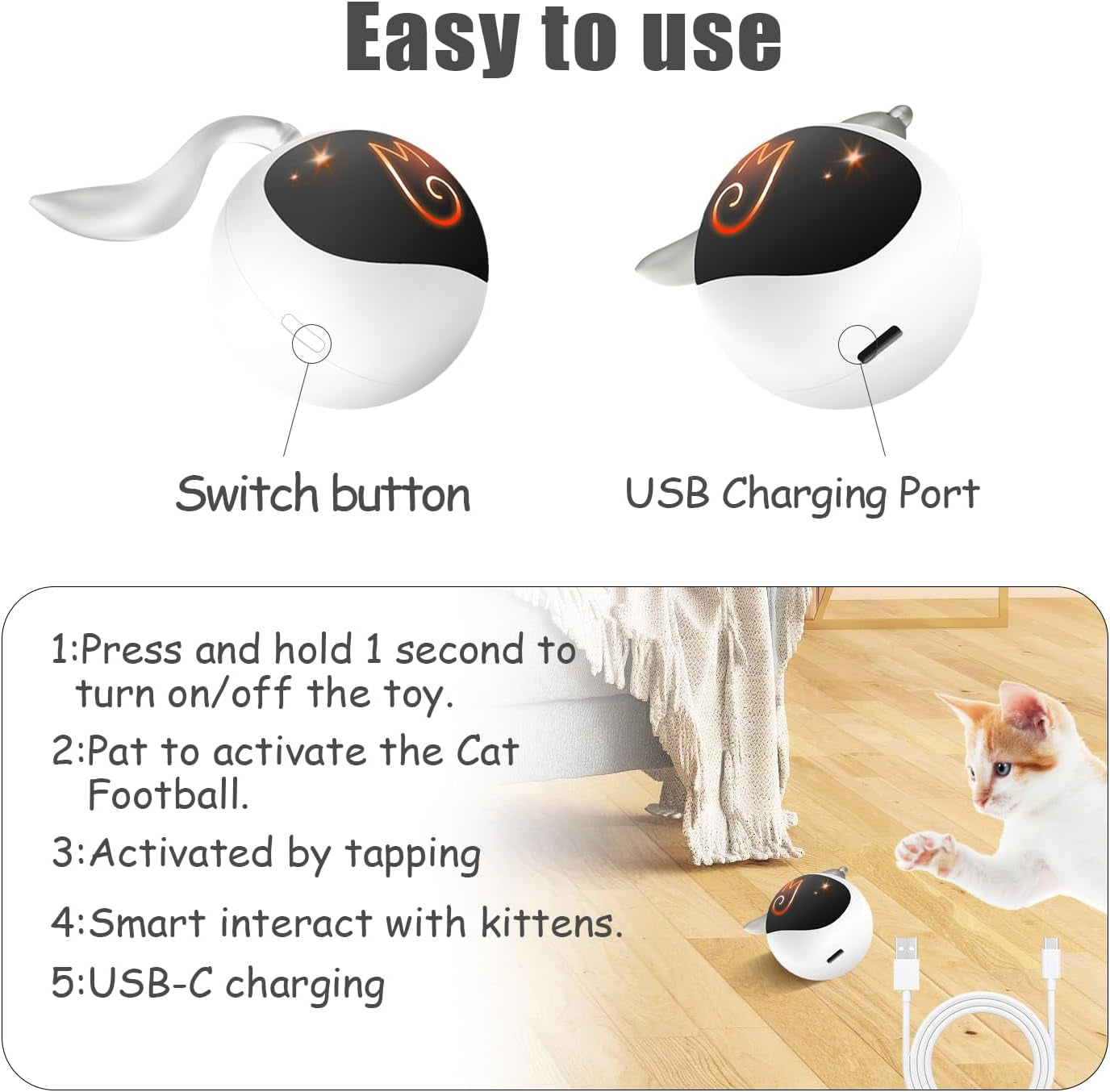 Interactive Cat Ball Toy Set, Fun Tracker, Automatic Moving Chase Ball with Fluffy Tail, a Small Mice, Rechargeable (White)
