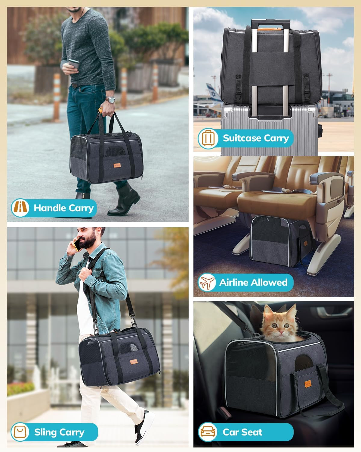Soft-Sided Large Cat Carrier for Medium to Big Cats and Puppies Up to 18 lbs - Airline Approved with Safety Zippers and Foldable Bowl - Dark Gray