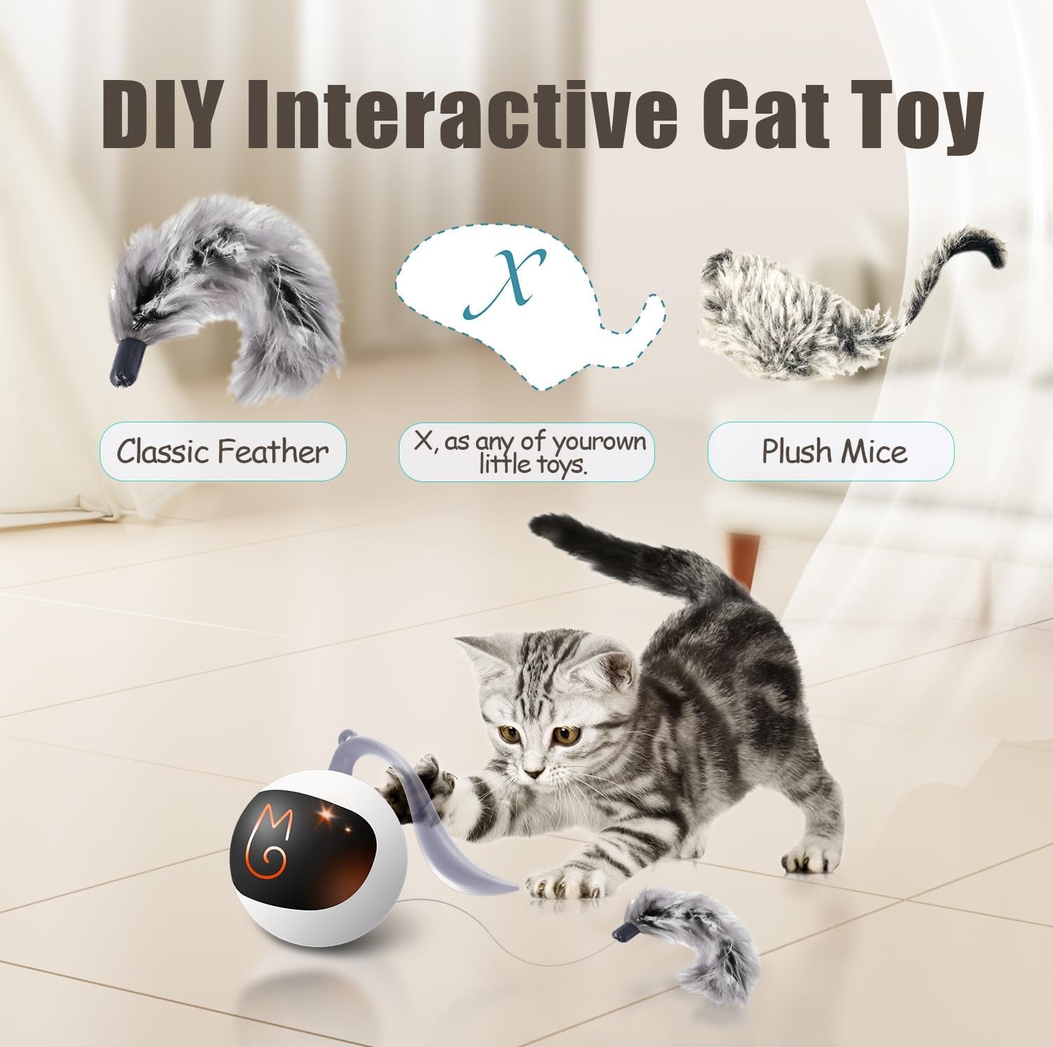 Interactive Cat Ball Toy Set, Fun Tracker, Automatic Moving Chase Ball with Fluffy Tail, a Small Mice, Rechargeable (White)
