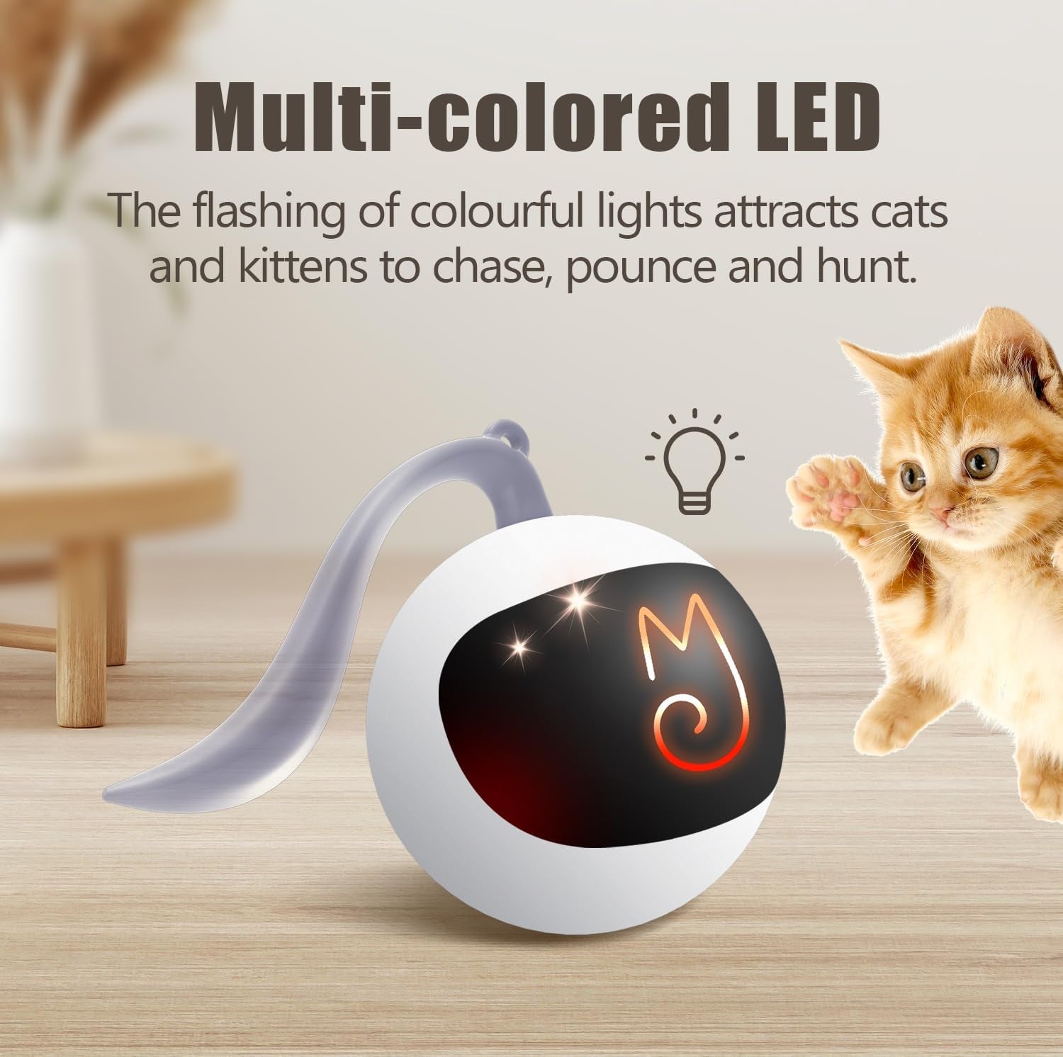 Interactive Cat Ball Toy Set, Fun Tracker, Automatic Moving Chase Ball with Fluffy Tail, a Small Mice, Rechargeable (White)