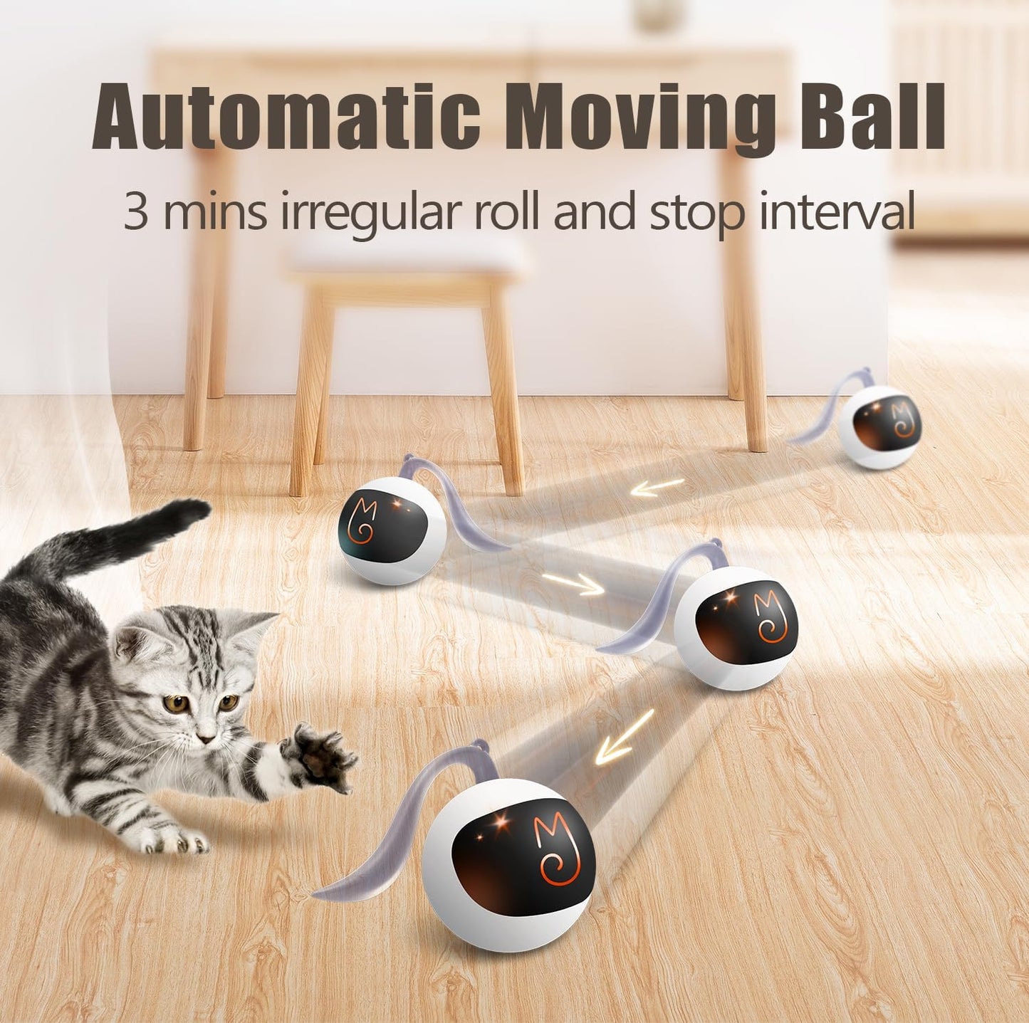 Interactive Cat Ball Toy Set, Fun Tracker, Automatic Moving Chase Ball with Fluffy Tail, a Small Mice, Rechargeable (White)