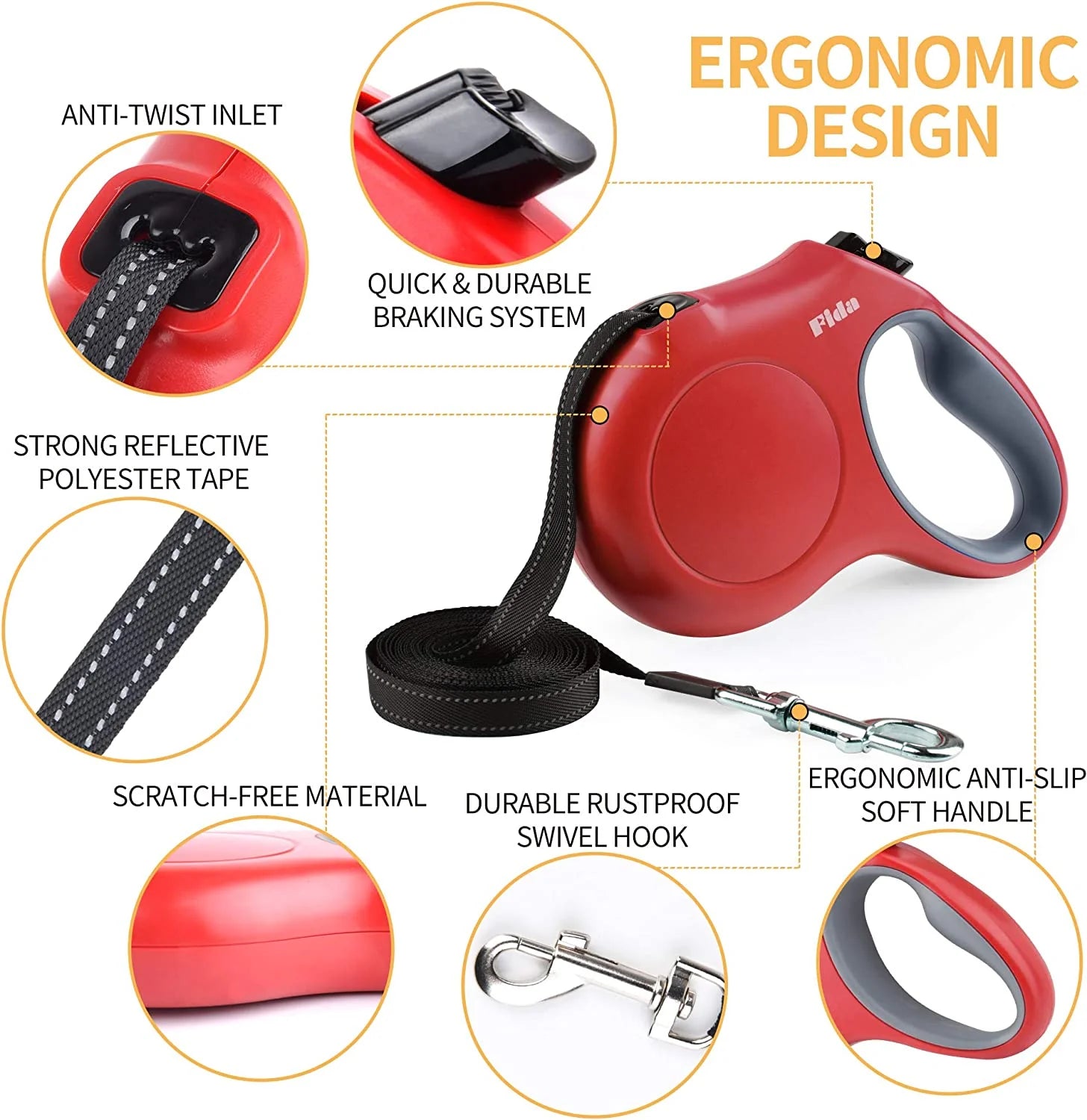 Retractable Dog Leash with Dispenser and Waste Bags, 16 Ft Leash for Medium Dogs or Cats up to 44 lbs, Anti-Slip Handle, Tangle-Free Design, Reflective Nylon Tape (Medium, Red)