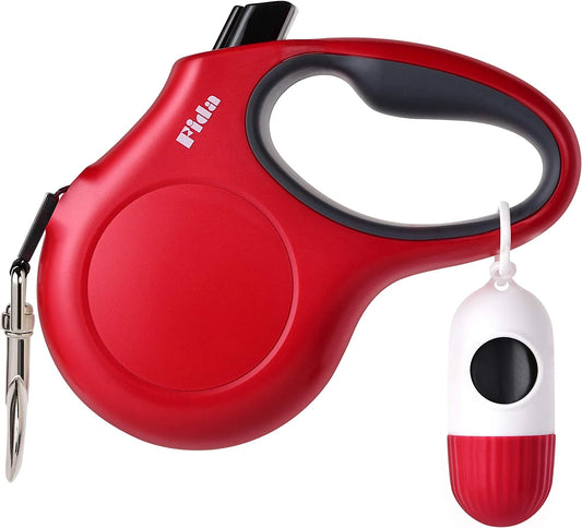 Retractable Dog Leash with Dispenser and Waste Bags, 16 Ft Leash for Medium Dogs or Cats up to 44 lbs, Anti-Slip Handle, Tangle-Free Design, Reflective Nylon Tape (Medium, Red)