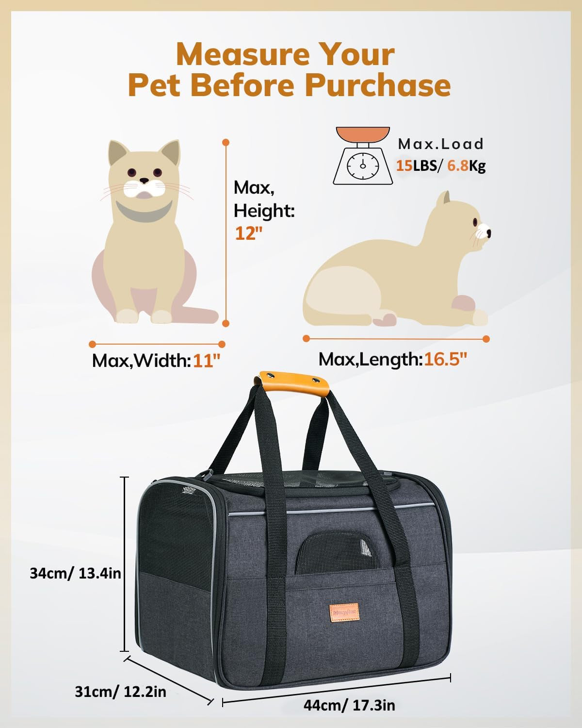 Soft-Sided Large Cat Carrier for Medium to Big Cats and Puppies Up to 18 lbs - Airline Approved with Safety Zippers and Foldable Bowl - Dark Gray