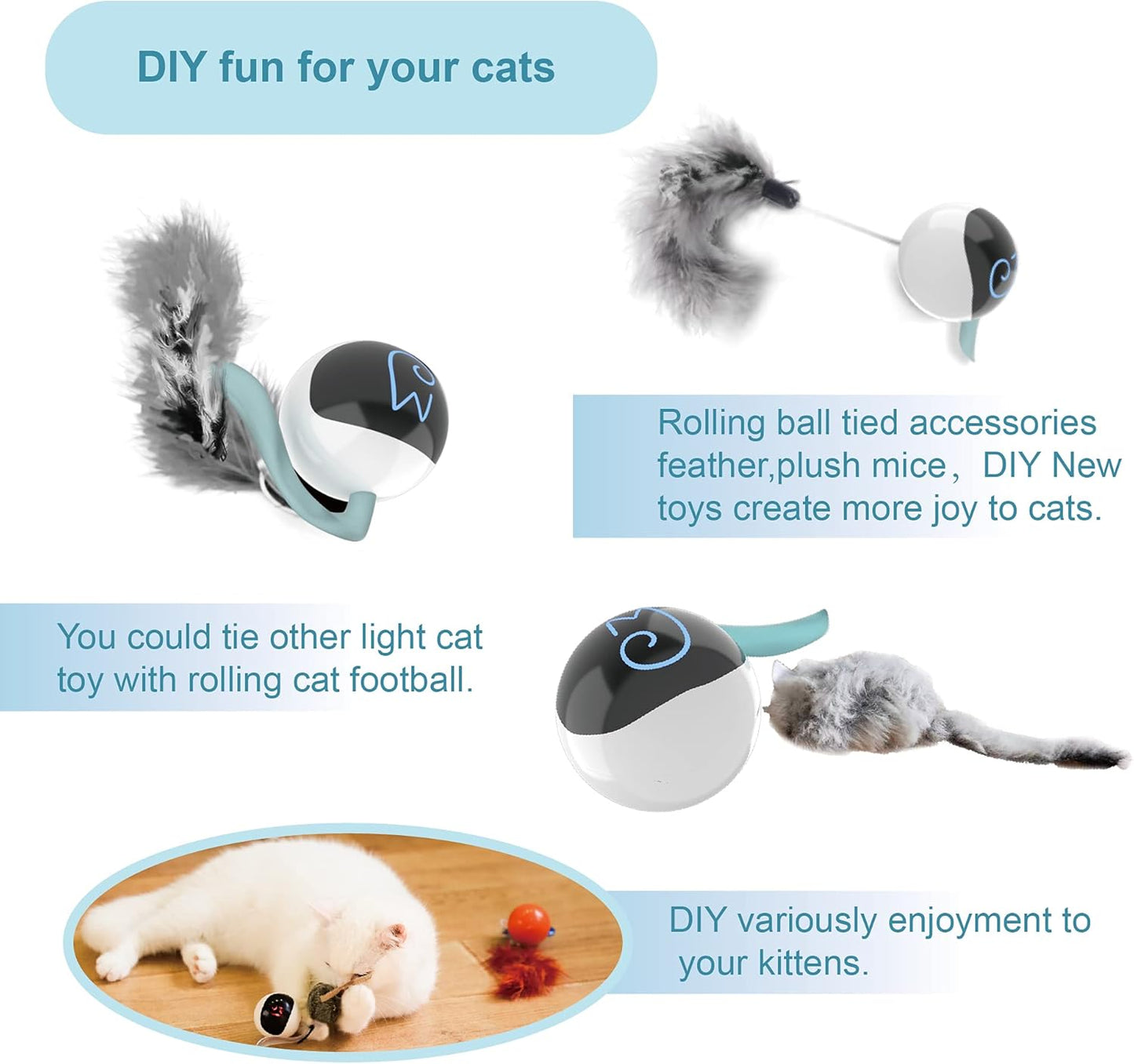 Interactive Cat Ball Toy Set, Fun Tracker, Automatic Moving Chase Ball with Fluffy Tail, a Small Mice, Rechargeable (White)