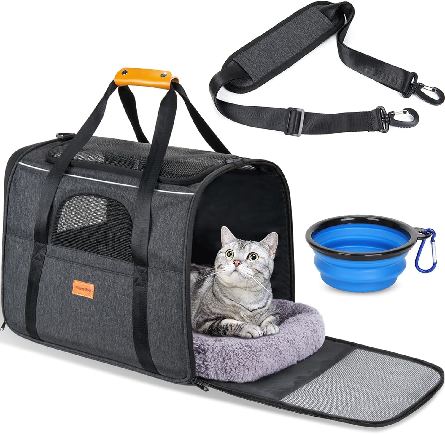 Soft-Sided Large Cat Carrier for Medium to Big Cats and Puppies Up to 18 lbs - Airline Approved with Safety Zippers and Foldable Bowl - Dark Gray