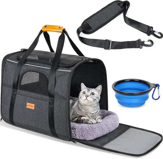 Soft-Sided Large Cat Carrier for Medium to Big Cats and Puppies Up to 18 lbs - Airline Approved with Safety Zippers and Foldable Bowl - Dark Gray
