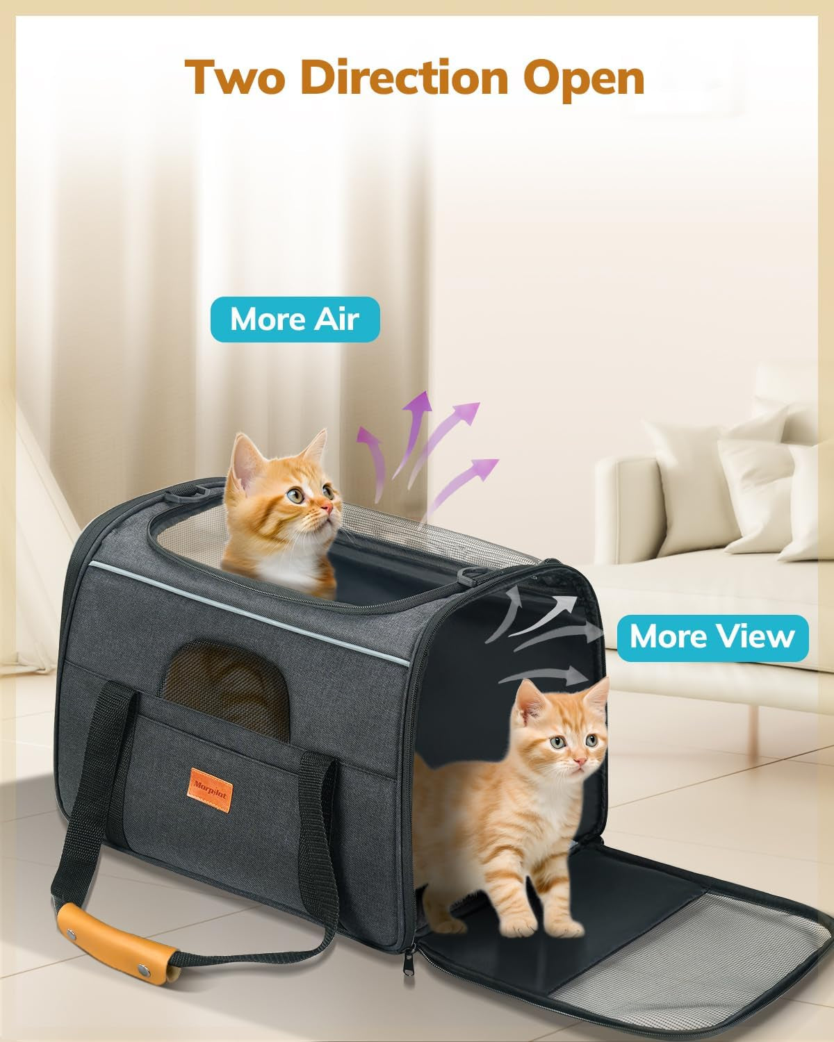 Soft-Sided Large Cat Carrier for Medium to Big Cats and Puppies Up to 18 lbs - Airline Approved with Safety Zippers and Foldable Bowl - Dark Gray
