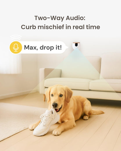 Mini Pet Camera: Security Cam W/Barking/Meowing Alerts, Cat or Dog Tracking W/Phone App, Smart Home Indoor Monitoring, 2-Way Speaker. No Subscription Needed. Standard See, Talk & Toss Features