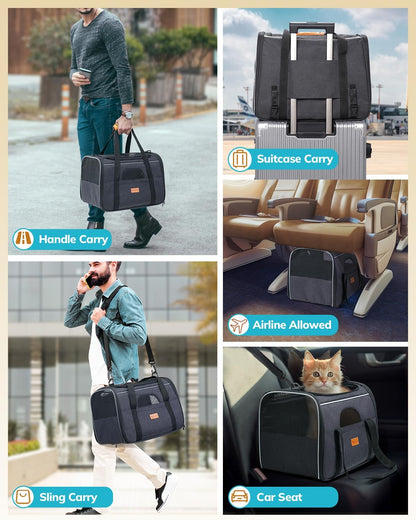 Soft-Sided Large Cat Carrier for Medium to Big Cats and Puppies Up to 18 lbs - Airline Approved with Safety Zippers and Foldable Bowl - Dark Gray