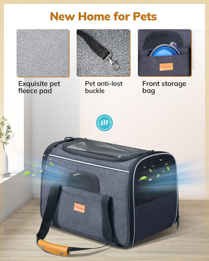 Soft-Sided Large Cat Carrier for Medium to Big Cats and Puppies Up to 18 lbs - Airline Approved with Safety Zippers and Foldable Bowl - Dark Gray
