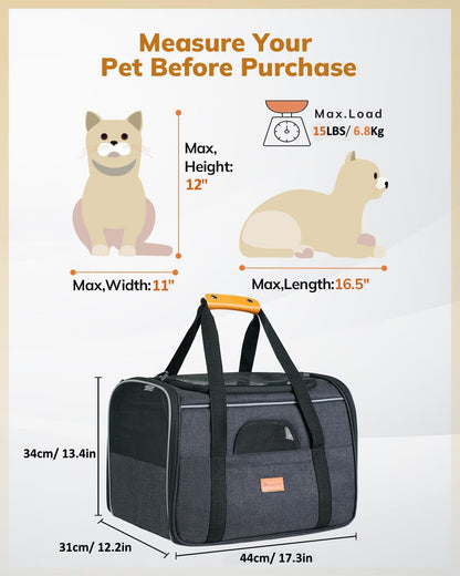 Soft-Sided Large Cat Carrier for Medium to Big Cats and Puppies Up to 18 lbs - Airline Approved with Safety Zippers and Foldable Bowl - Dark Gray