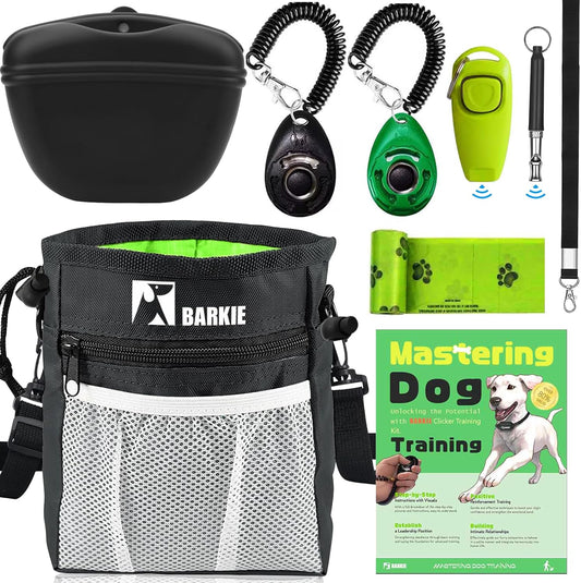 Dog Training Kit - Treat Pouch, Pet Training Fanny Pack, 2 Puppy Training Clickers, Ultrasonic Silent Whistle, 2-In-1 Whistle Clicker, Clicker Training Guide Booklet, Dog Poop Bag (Black)
