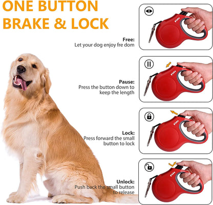 Retractable Dog Leash with Dispenser and Waste Bags, 16 Ft Leash for Medium Dogs or Cats up to 44 lbs, Anti-Slip Handle, Tangle-Free Design, Reflective Nylon Tape (Medium, Red)
